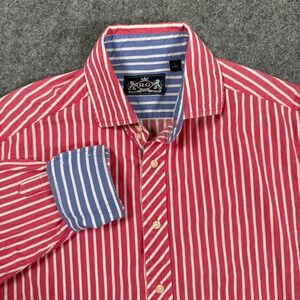 R&G Robert Grahm Shirt Large Red White Blue Stripe Button Up Cotton Men's
